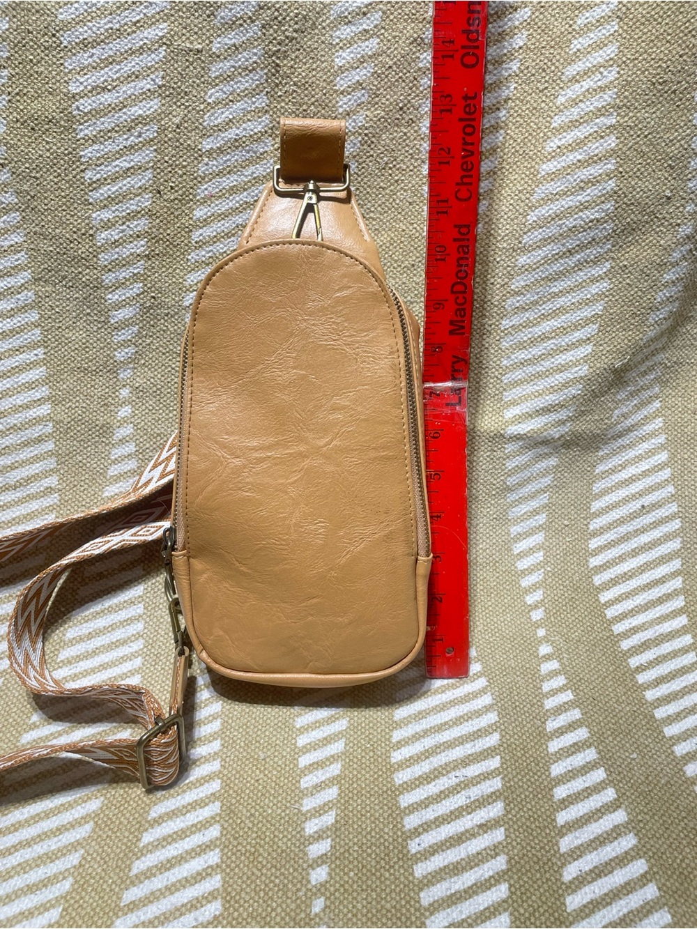 Tan Crossbody Sling Bag with Patterned Strap - Picture 15 of 16